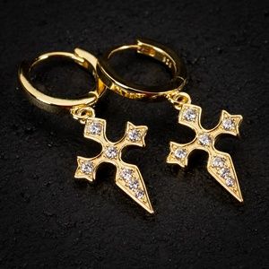 Men's Iced Dagger Cross Gold Fashion Retro Huggie Dangle Hoop Earrings
